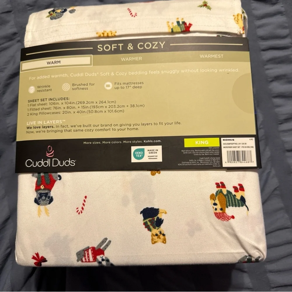 Cuddl Duds King Sheet Set - White with Colorful Dog Print NEW